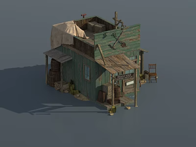 Rustic Wooden Cabin With Green Walls Barrels Chair And Canvas Awning 3d model