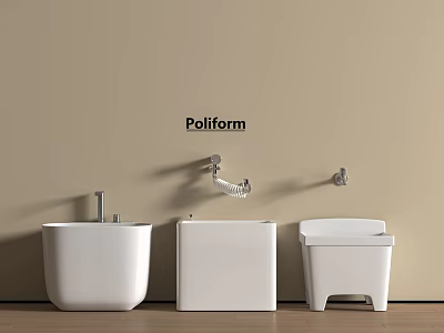 Poliform Modern Bathroom Accessories White Basin Toilet And Bidet Against Beige Wall With Wooden Floor 3d model