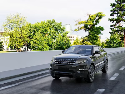 Black SUV Driving on Road with Green Trees and White Guardrail 3d model
