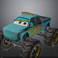 Blue Toy Monster Truck With Large Tires Flame Decals And Cartoon Eyes