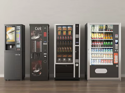 Refrigerated Vending Machines With Coffee Snacks And Cold Beverages In Row 3d model