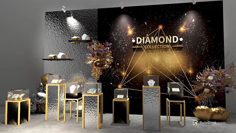 Diamond Collection Exhibition With Glass Display Cases And Gold Accent Lighting 3d model 