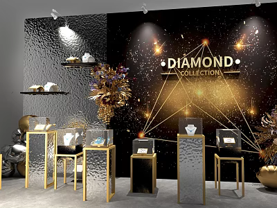 Diamond Collection Exhibition With Glass Display Cases And Gold Accent Lighting 3d model