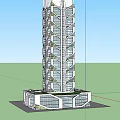 Modern Skyscraper with Geometric Design Glass Windows Trees at Base and Blue Sky White Clouds