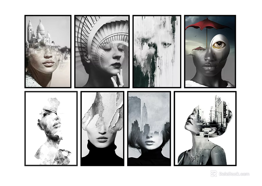Creative Portrait Paintings With Surreal Double Exposure And Urban Landscape Elements 3d model 