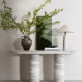 Marble Console Table With Green Branches In Vase Green Tone Painting And Minimalist Table Lamp