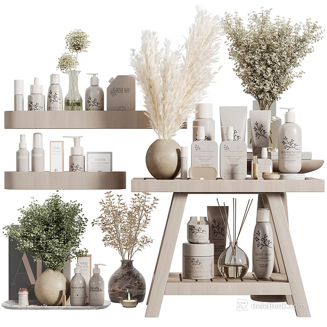 Organized Minimalist Bathroom Accessories On Wooden Shelves With Decorative Plants And Glass Bottles 3d model 