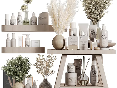 Organized Minimalist Bathroom Accessories On Wooden Shelves With Decorative Plants And Glass Bottles 3d model