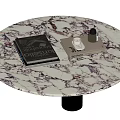 Stylish Round Coffee Table With Marble Texture Top Black Base Notebook And Gray Device On Surface 3d model