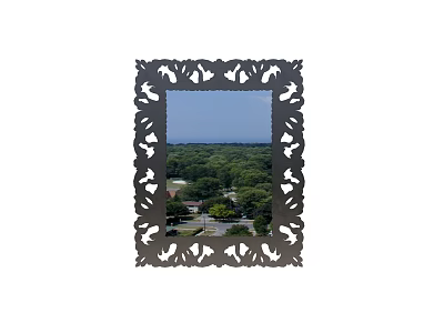 Decorative Mirror With Intricate Cutout Frame Reflecting Green Trees And Sky View 3d model