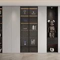 Modern Bookcase Design With Glass Doors Decorative Ornaments Books And Robot Figure