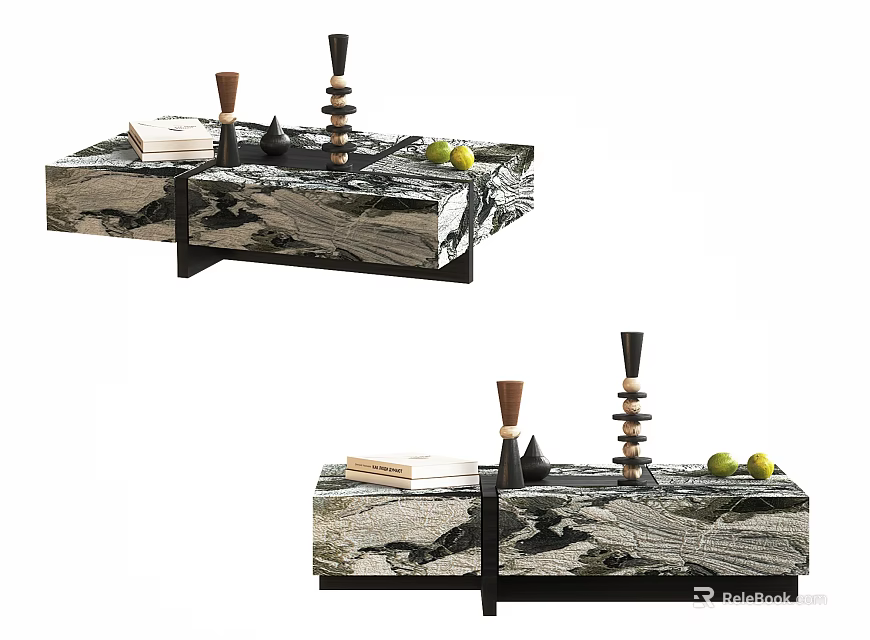 Modern Marble Coffee Table with Books Decorative Items and Green Apples 3d model