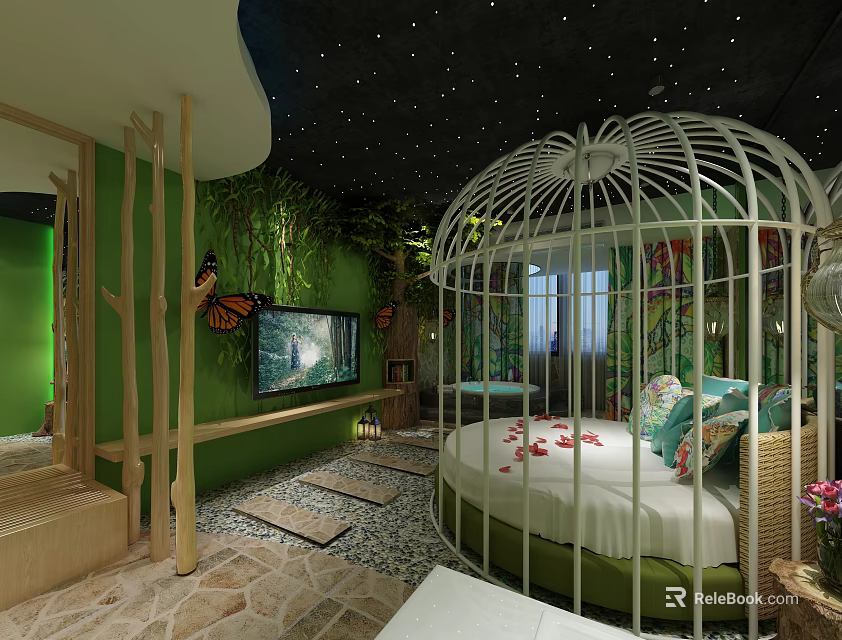 Cozy Hotel Room With Cage Shaped Bed Starry Ceiling Green Plants And Butterfly Decor 3d model 