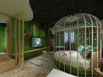 Cozy Hotel Room With Cage Shaped Bed Starry Ceiling Green Plants And Butterfly Decor 3d model