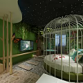 Cozy Hotel Room With Cage Shaped Bed Starry Ceiling Green Plants And Butterfly Decor