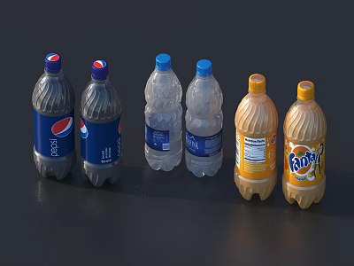 Assorted Plastic Beverage Bottles Including Pepsi Cola Fanta And Mineral Water With Colorful Labels 3d model