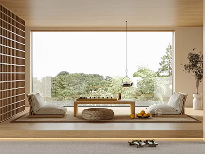 Japanese Tea Room Interior With Large Window Green View Tatami Seating And Tea Set 3d model