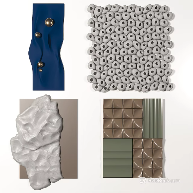 Modern Wall Decor With Blue Metal Accents Gray Circular Patterns Textured White And Geometric Blocks 3d model 