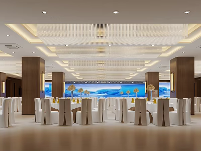 Elegant Banquet Hall Interior with White Chairs Gold Accents Landscape Backdrop and Ceiling Lighting 3d model