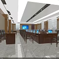 Modern Conference Room Interior With Long Table Laptops Chairs Large Screen And Windows 3d model