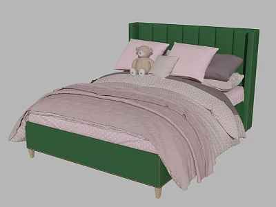 Kids Bed With Green Headboard Pink Quilt Pink And Gray Pillows And Teddy Bear 3d model