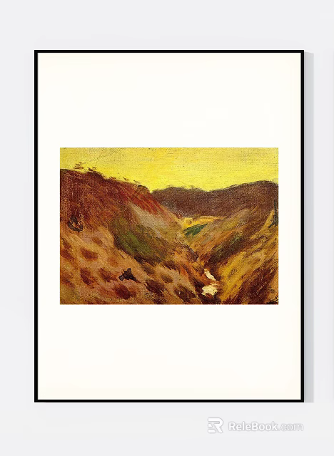 Landscape Painting Featuring Yellow Sky Valley River And Hills With Brown Green Tones 3d model 