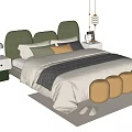 Cozy Kids Bed with Green Headboard White Sheets Gray Blanket and Yellow Cushions