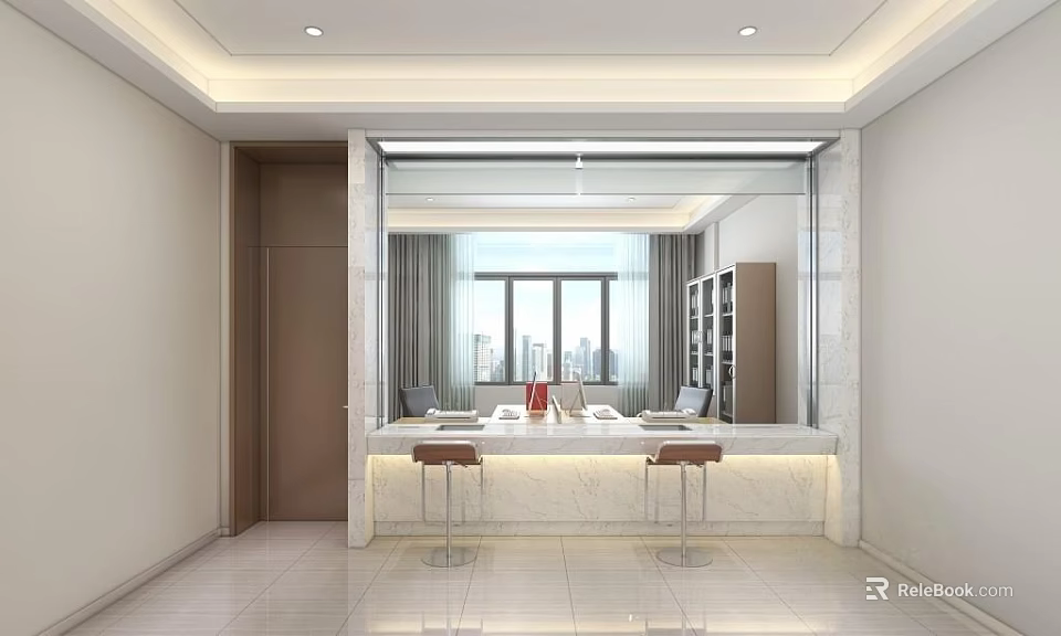Modern Public Office Area With White Workstation Bar Stools And Large Windows 3d model 