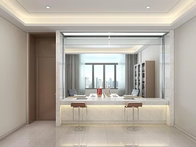 Modern Public Office Area With White Workstation Bar Stools And Large Windows 3d model