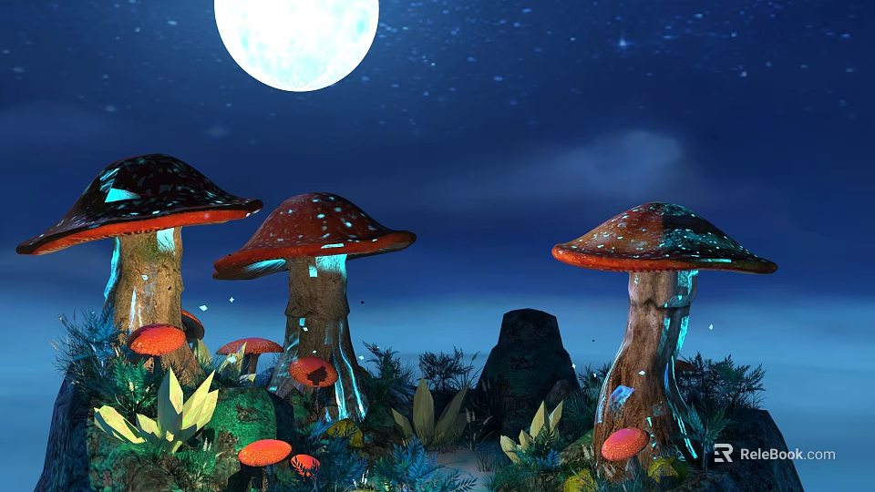 Leafy Green Vegetables And Red Spotted Mushrooms In Moonlit Night Garden With Stars 3d model 