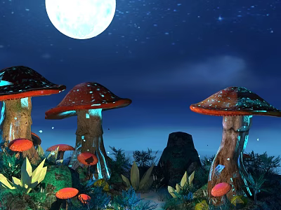 Leafy Green Vegetables And Red Spotted Mushrooms In Moonlit Night Garden With Stars 3d model