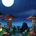 Leafy Green Vegetables And Red Spotted Mushrooms In Moonlit Night Garden With Stars