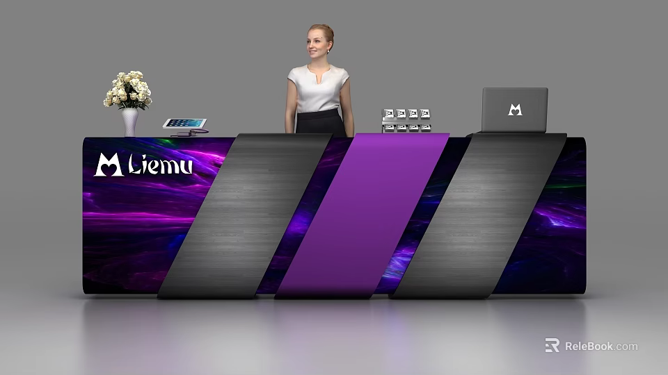 Stylish Liemu Reception Desk Featuring Black Purple Panels With Woman Flower Vase Calculator And Laptop 3d model 