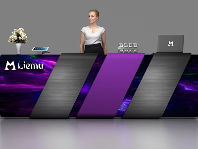 Stylish Liemu Reception Desk Featuring Black Purple Panels With Woman Flower Vase Calculator And Laptop 3d model