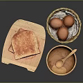 Basket of Brown Eggs and Freshly Toasted Bread with Wooden Cutting Board Bowl and Spoon