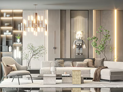 Modern Living Room Interior With White Sofa Gold Chandelier And Green Plants 3d model