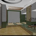 Serene Japanese Style SPA Sauna Interior With Bamboo Grille Landscape Painting And Tatami Seats