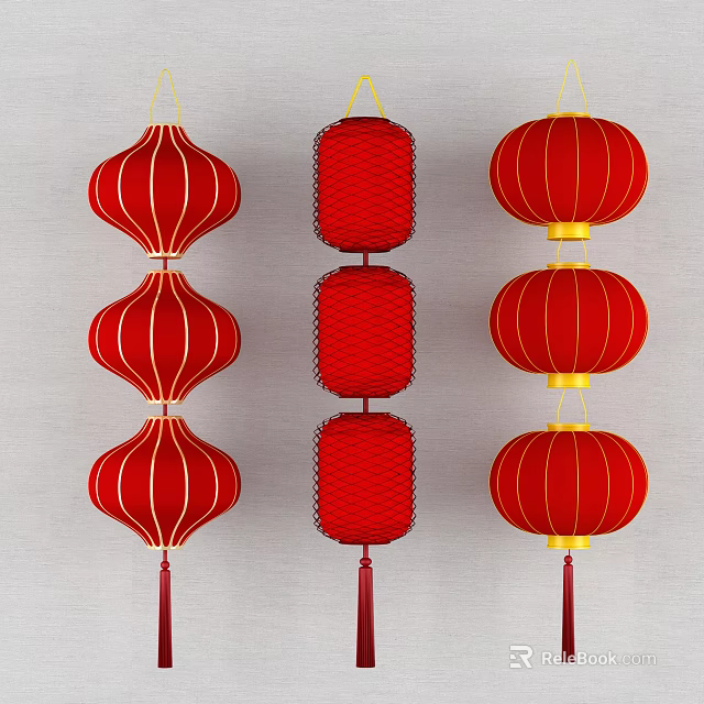 Traditional Red Chinese Lanterns With Different Styles Gold Accents And Hanging Tassels 3d model 