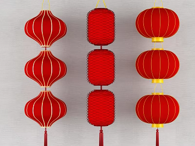 Traditional Red Chinese Lanterns With Different Styles Gold Accents And Hanging Tassels 3d model