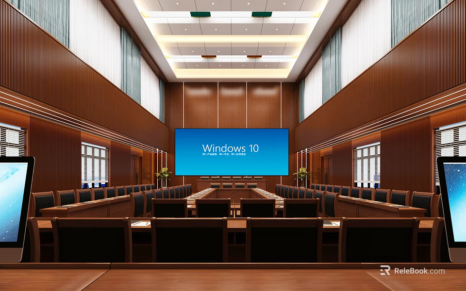 Spacious Conference Room With Wooden Walls Large Screen Displaying Windows 10 And Arranged Seats 3d model 