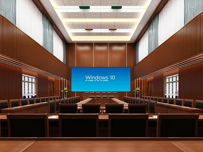 Spacious Conference Room With Wooden Walls Large Screen Displaying Windows 10 And Arranged Seats 3d model