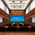Spacious Conference Room With Wooden Walls Large Screen Displaying Windows 10 And Arranged Seats