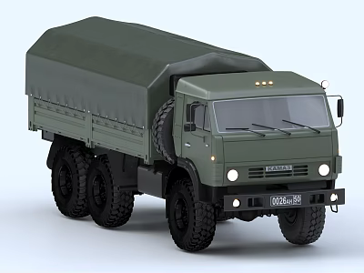 Green KAMAZ Military Truck With Canvas Cover And Six Wheels 3d model
