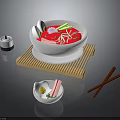 Fresh Crab Ramen Soup With Noodles Egg And Vegetables On Bamboo Mat