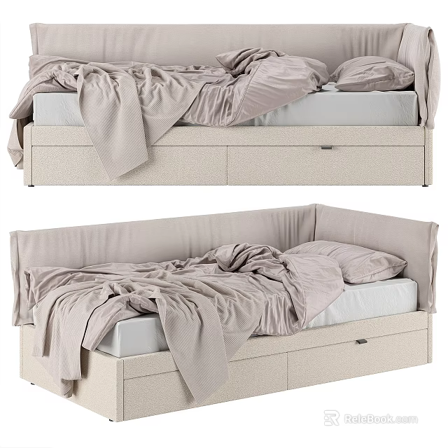 Light Colored Bed With Storage Drawers Soft Bedding And Modern Design Frame 3d model