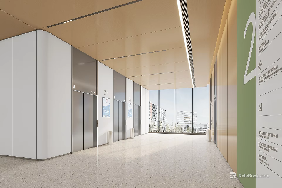 Modern Elevator Hallway Interior With Elevator Doors Large Windows Green Wall And White Panels 3d model 