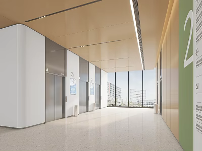 Modern Elevator Hallway Interior With Elevator Doors Large Windows Green Wall And White Panels 3d model