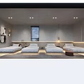 Minimalist Hotel Guest Room With Four Beds Concrete Walls Window Blinds Pendant Light And Rug