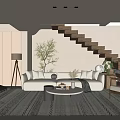 Modern Living Room Interior With Sofa Coffee Table Floor Lamp Potted Plant And Wooden Stairs