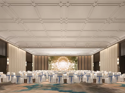 Elegant Banquet Hall Interior With Ornate Ceiling Stage Backdrop And White Tables With Blue Sashes 3d model